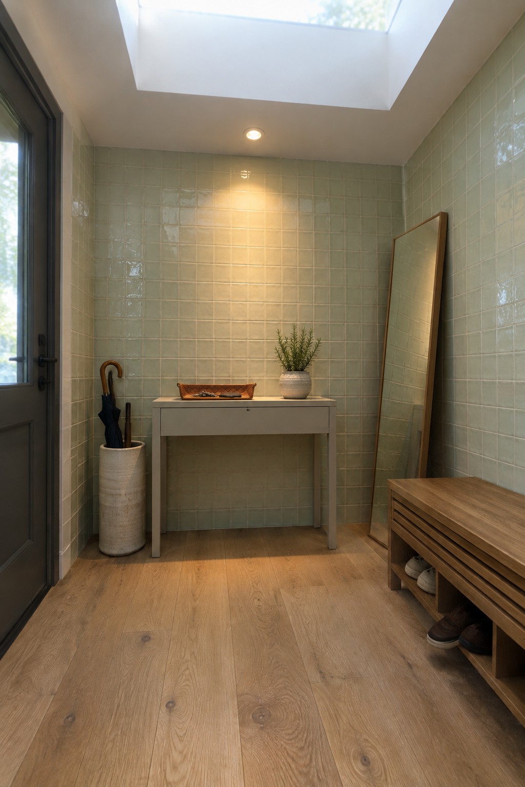 A narrow interior entryway with light green tiled walls, light wood flooring, a white console table, a tall mirror, a wooden bench, and a skylight in the ceiling.