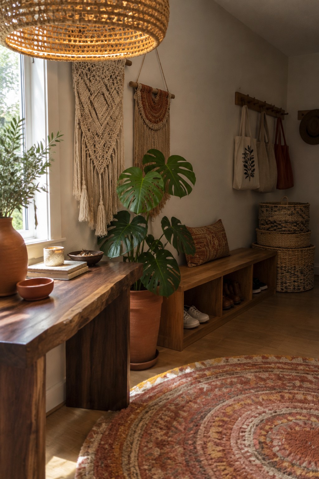 A small entryway with a large woven pendant light above a wooden bench, potted monstera plants, macrame wall hangings, and cubby storage with shoes.
