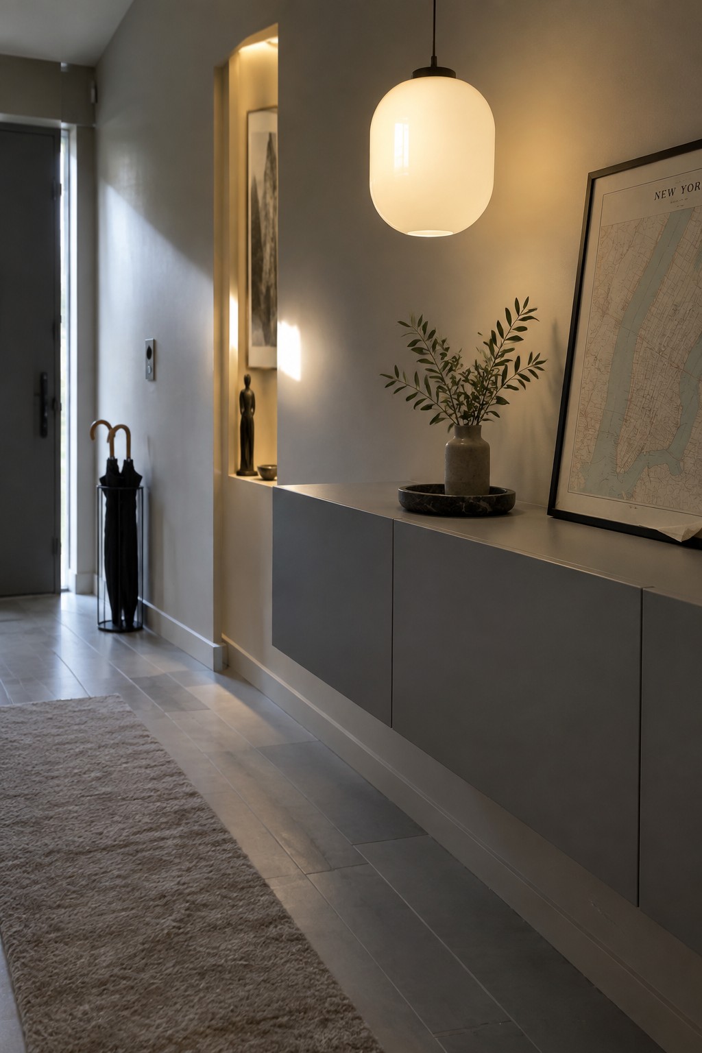 Modern entryway with gray console, pendant light, New York map, and umbrella stand