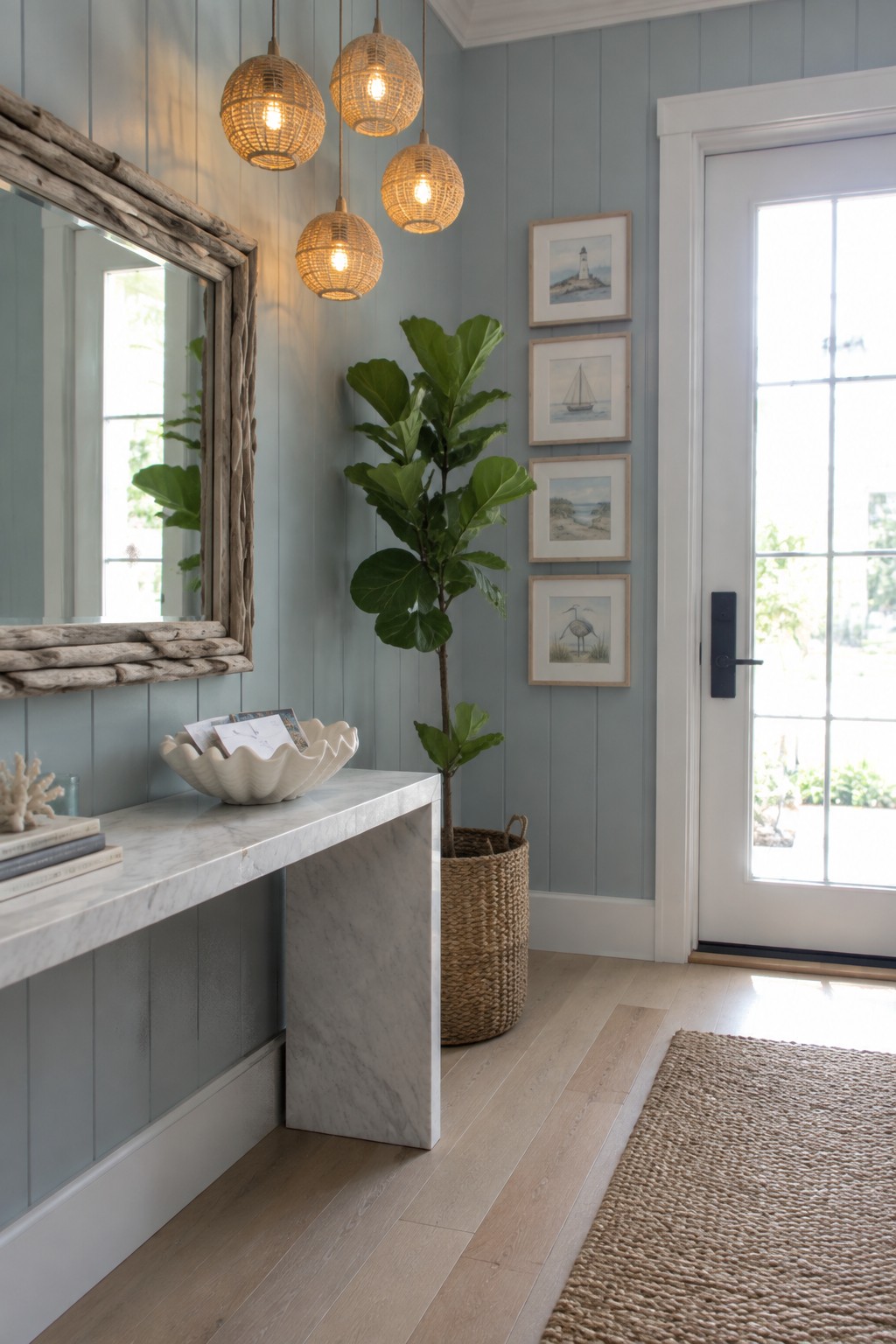 An entryway with four woven spherical pendant lights above a marble console table, a potted fiddle leaf fig, framed art on light blue walls, and a white door.