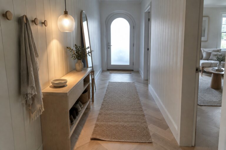 Modern hallway with herringbone wood floors, beige runner rug, and wooden console table.