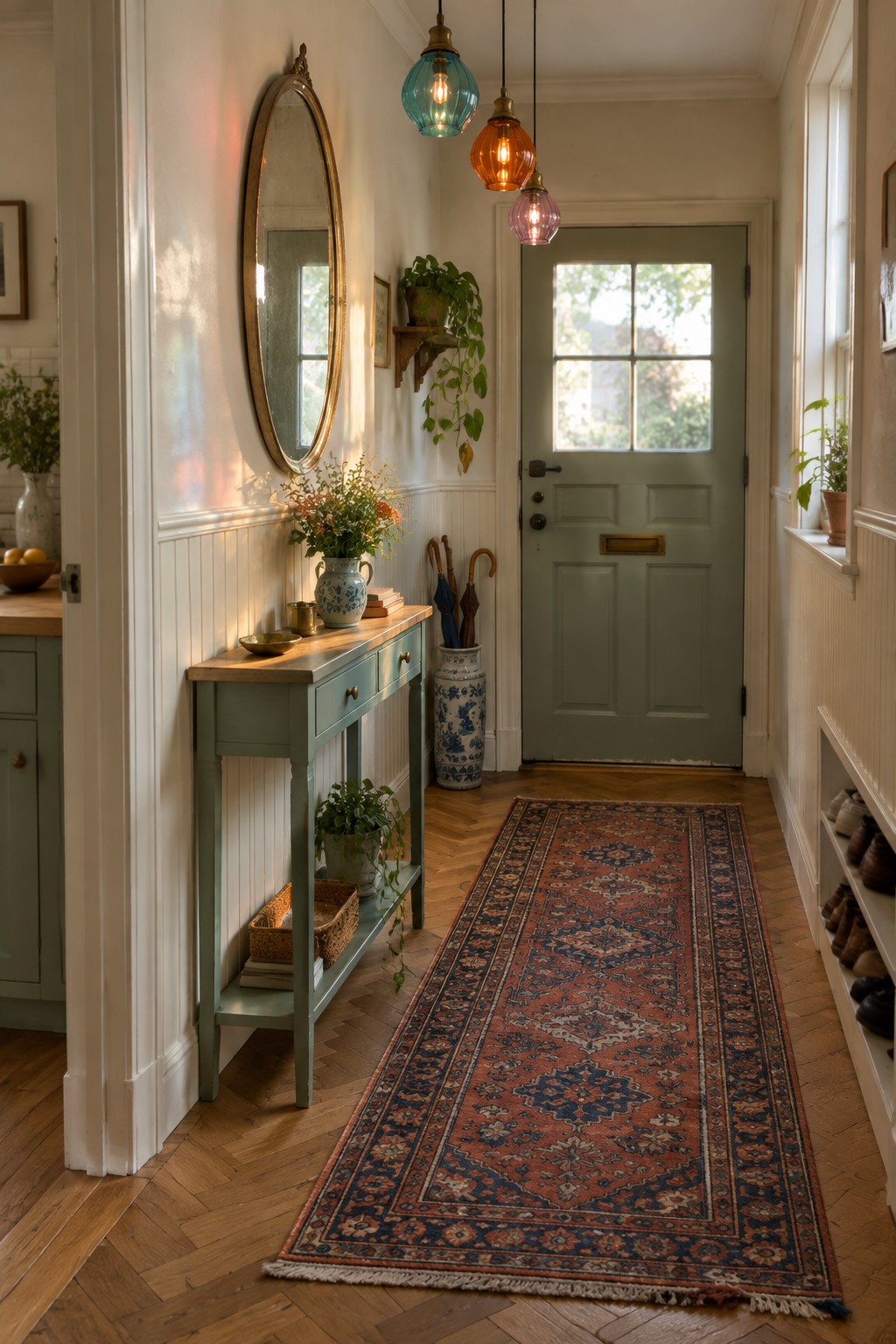 Charming hallway with red patterned runner, sage console, oval mirror, and colorful pendants