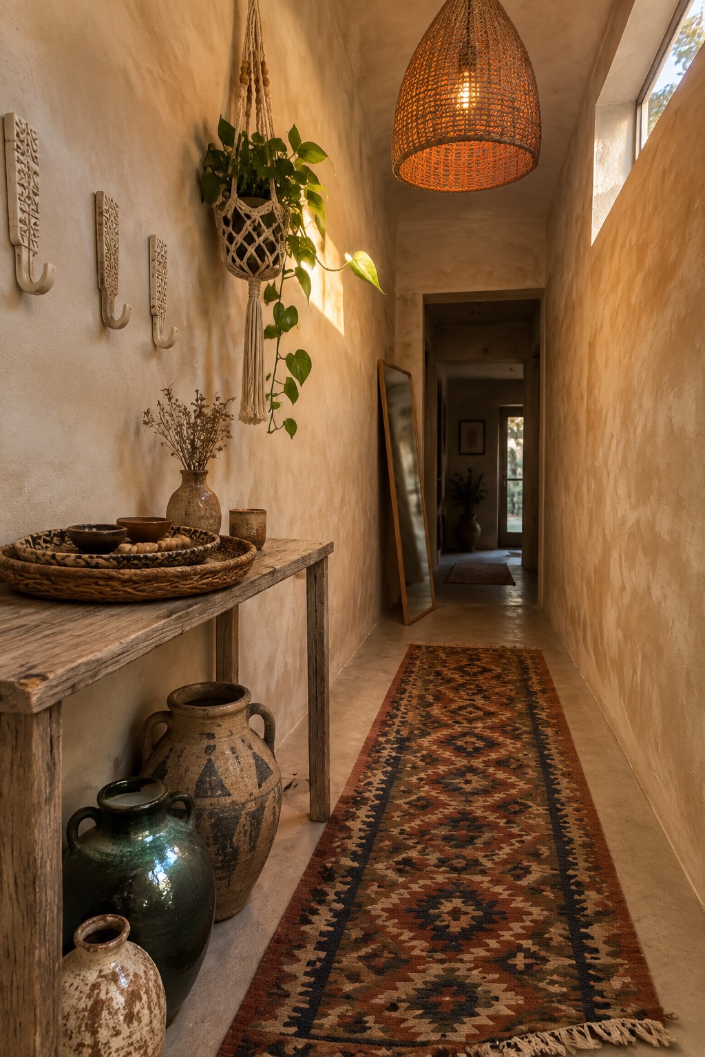 A narrow hallway with terracotta walls, a large glowing woven pendant light, a wooden console table holding pottery and a woven tray, a hanging plant, and a patterned runner rug on the floor.