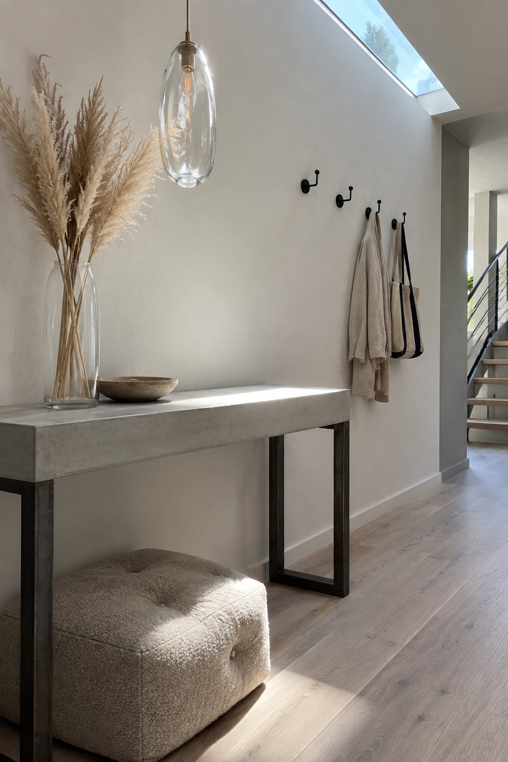 A modern entryway with a concrete console table, clear glass pendant light above it, beige tufted ottoman below, and wall hooks holding bags to the right.