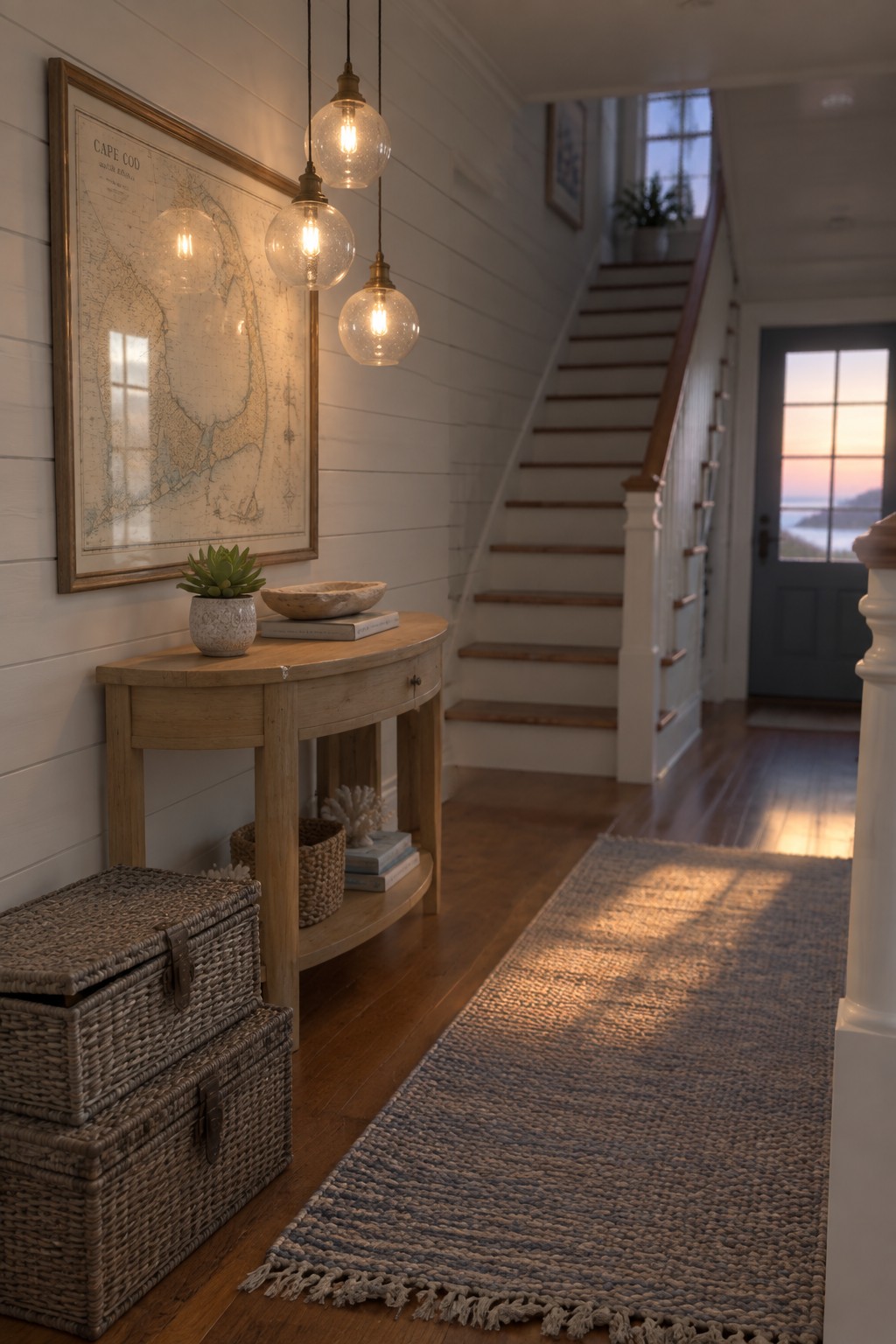 A coastal entryway with three clear glass globe pendants hanging above a light wood console table, a large framed map on the wall, woven baskets on the floor, and a blue-gray runner leading toward a staircase.