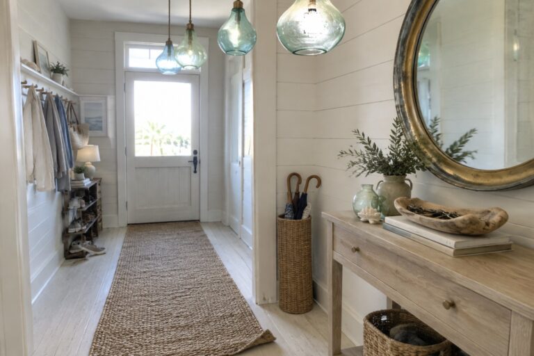 Bright entryway with white walls, glass pendants, wooden console, coat rack, and jute rug.