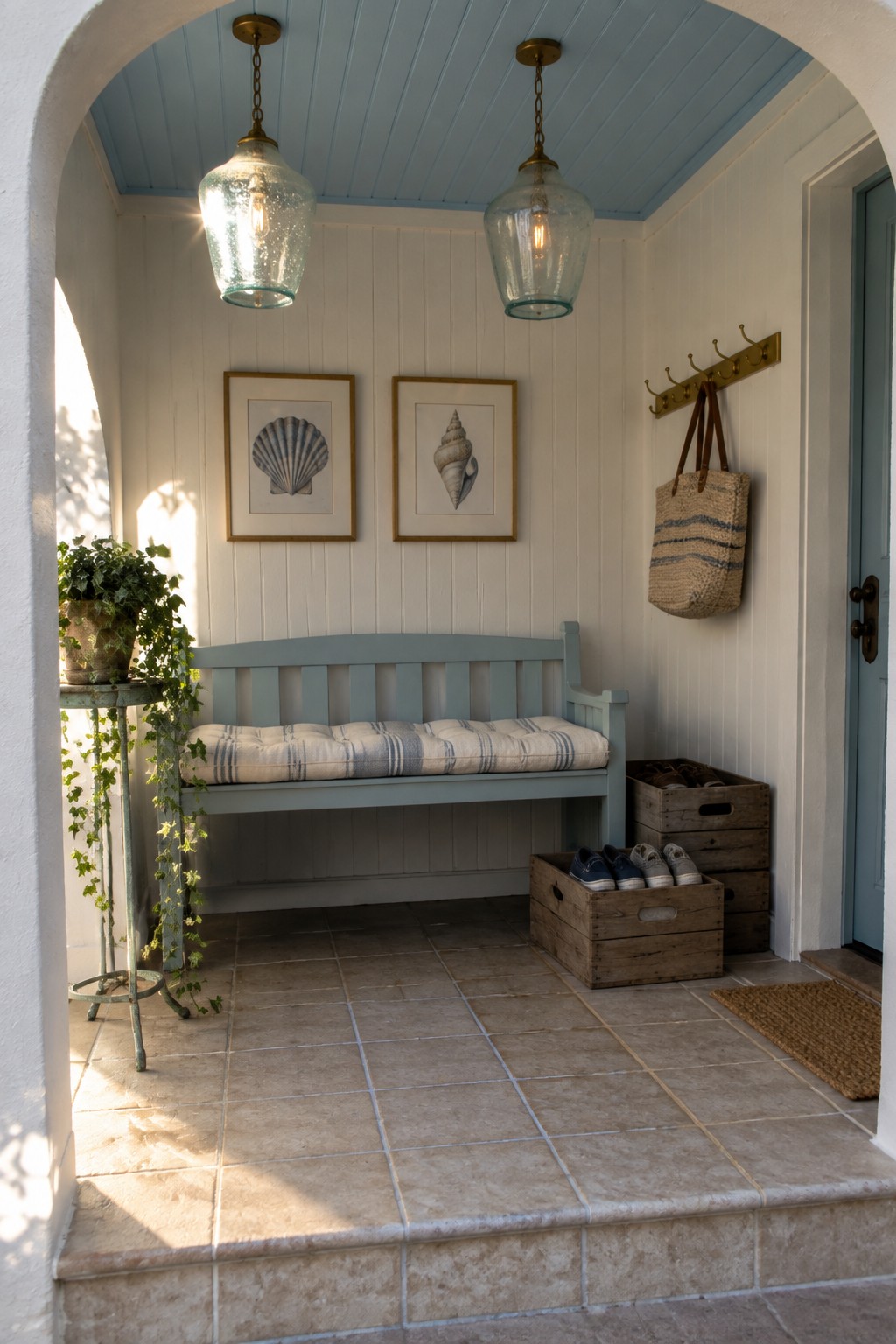 A covered entry porch with two glass pendant lights hanging from a blue ceiling, a light blue bench with a striped cushion, shell prints on the wall, and wooden crates holding shoes on a tiled floor.