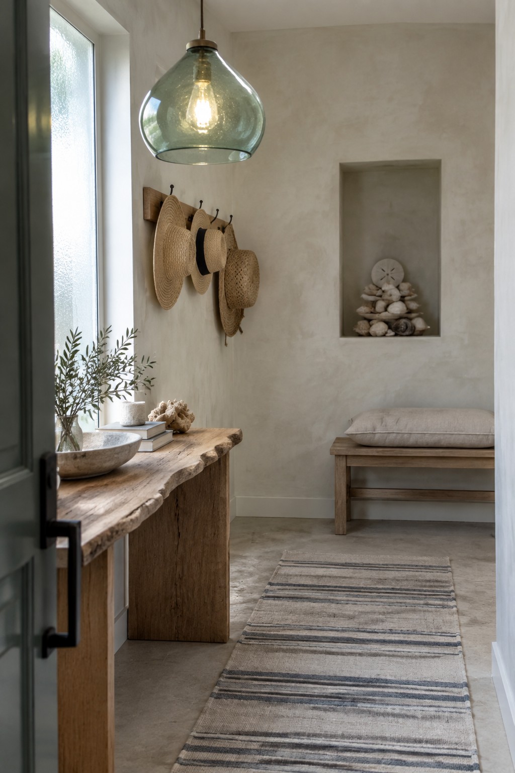 A coastal-style entryway with a large green glass pendant light hanging above a live-edge wooden console table, straw hats on wall hooks, and a striped runner on the floor.