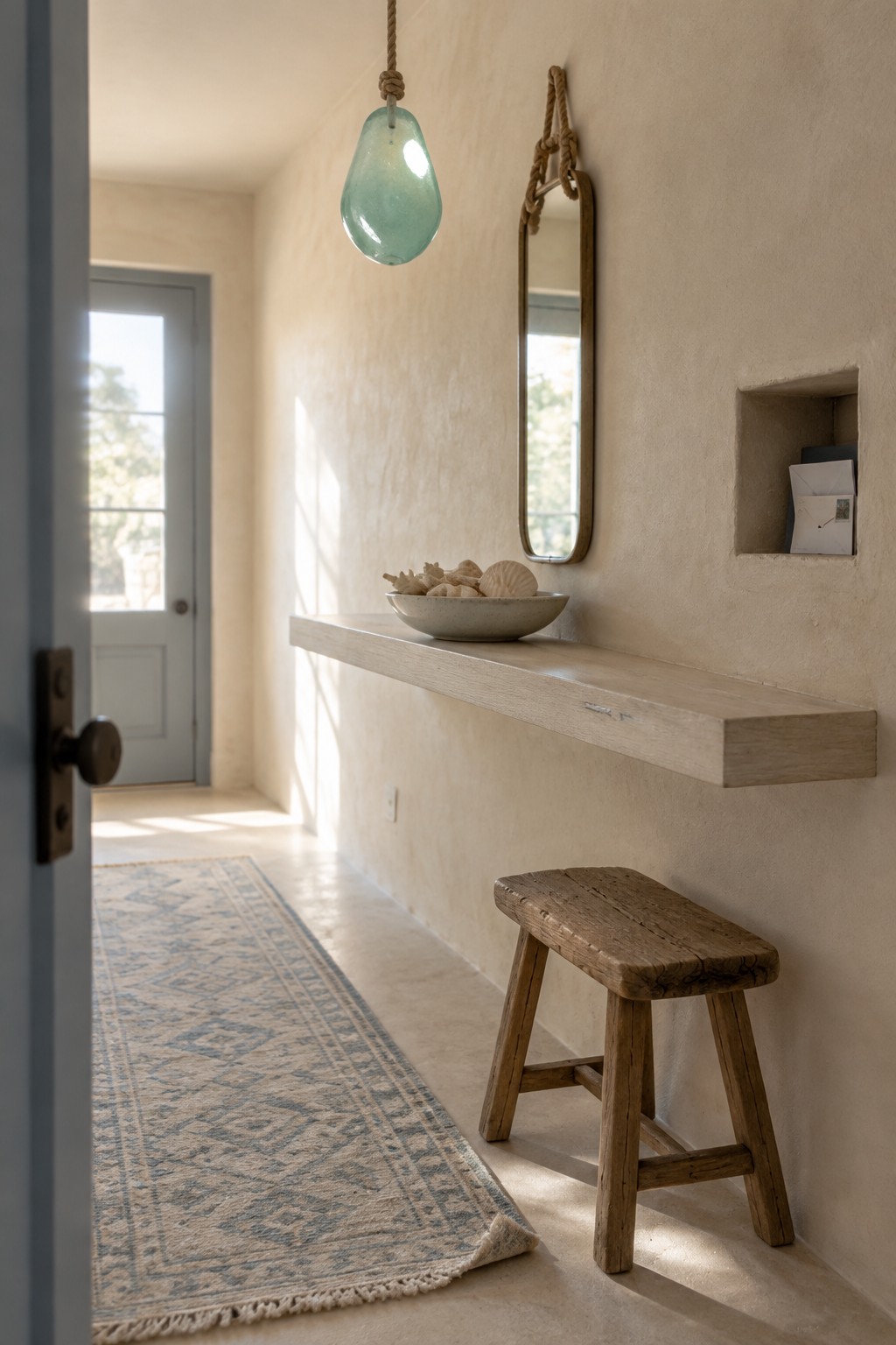 A narrow interior entryway with a turquoise glass pendant light suspended by rope above a light wood floating shelf, next to a small rustic wooden bench and a wall mirror.