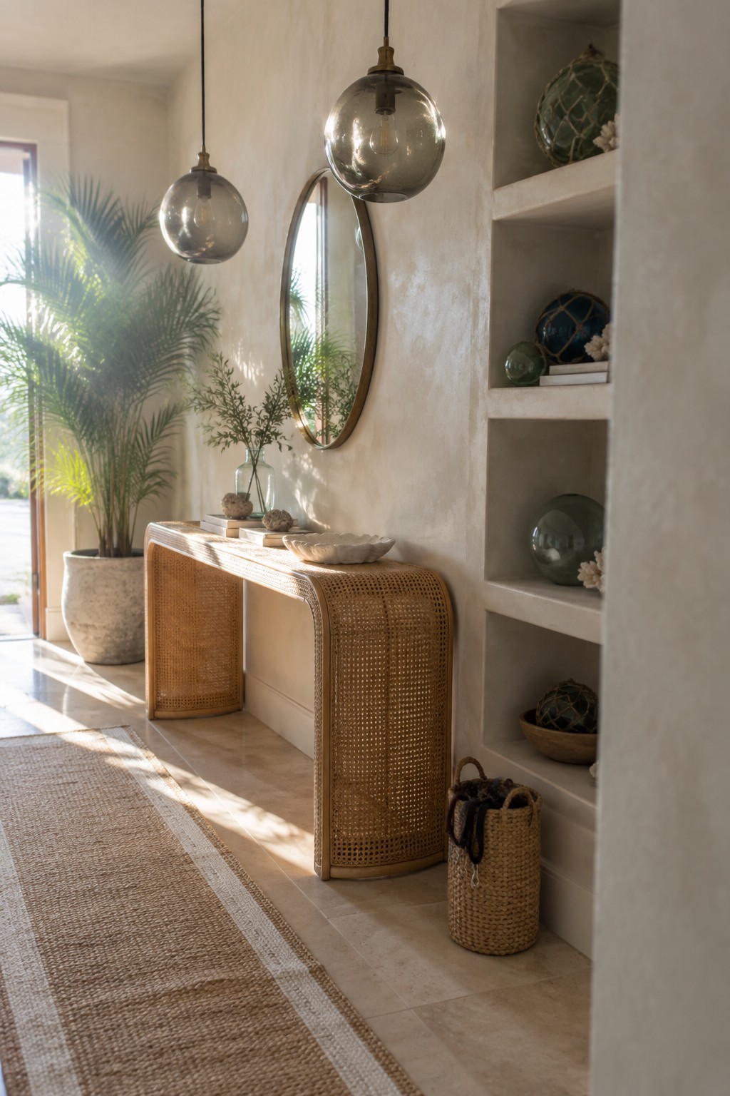 An interior entryway featuring two gray glass pendant lights suspended above a rattan console table, with a round mirror on the wall and built-in shelves holding decorative objects.