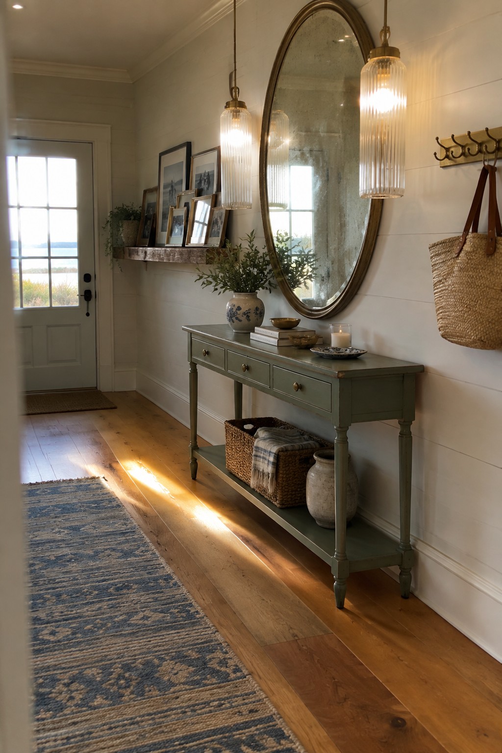 A coastal entry hallway with a sage green console table, large round mirror on white shiplap wall, two ribbed glass pendant lights, and wooden flooring with a blue runner rug.