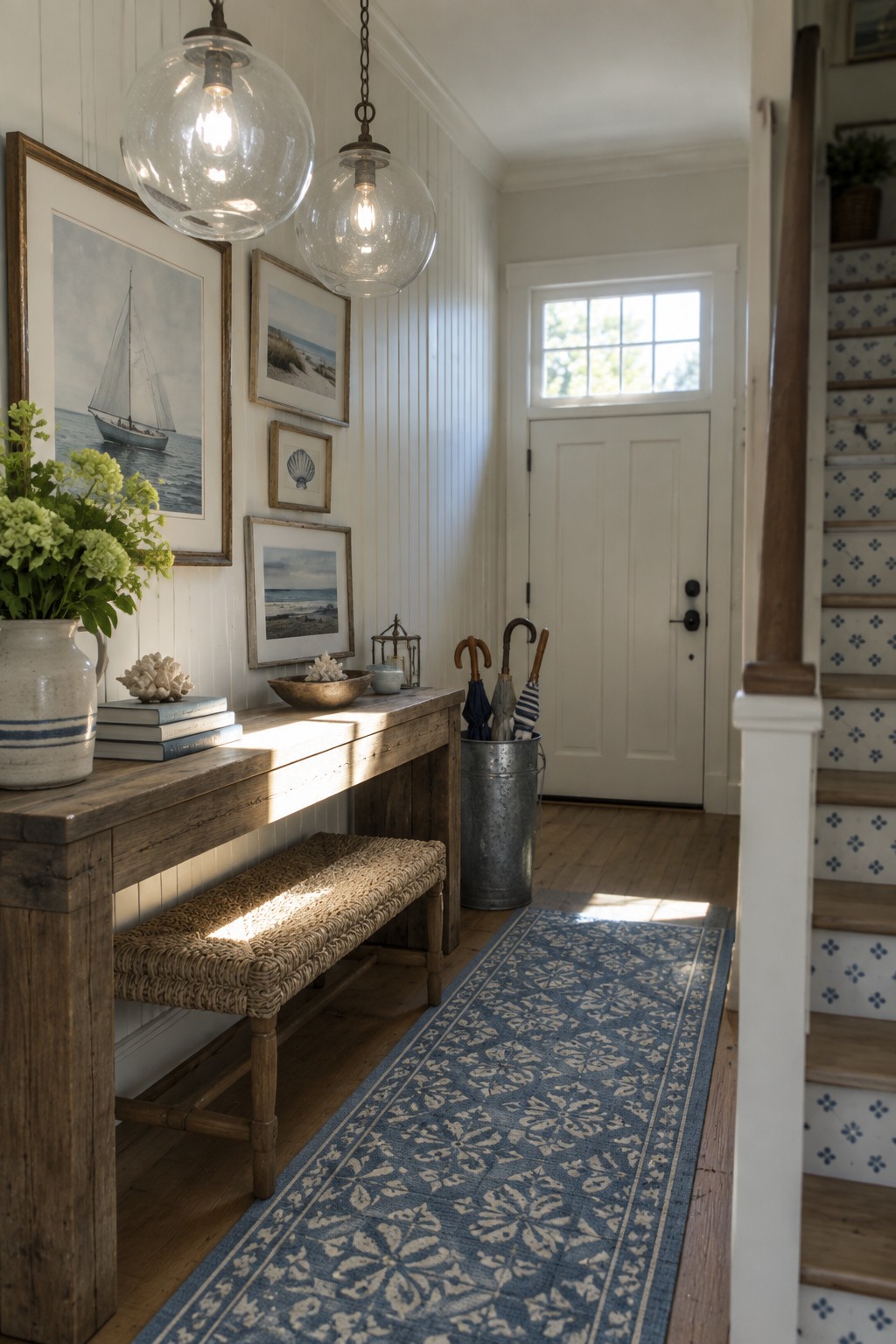 A coastal entryway with two large clear glass pendant lights hanging above a wooden console table, a woven bench below, framed nautical prints on the wall, and a blue patterned runner rug on the floor.