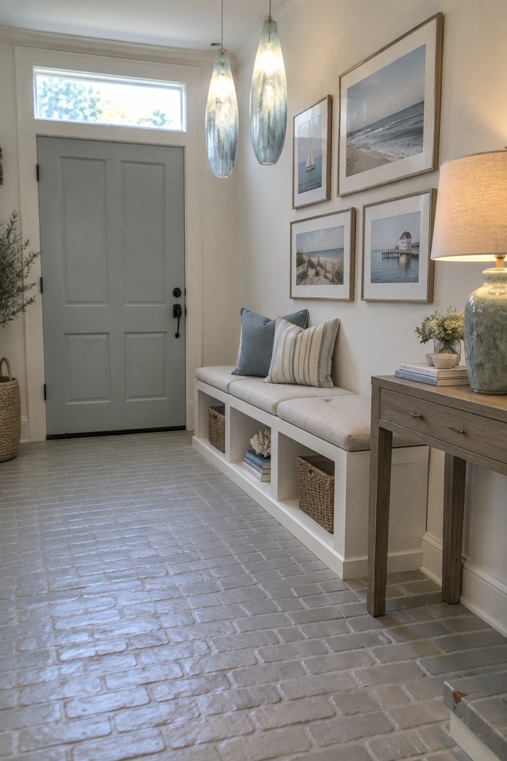 A coastal entryway with two glass pendant lights hanging above a white built-in bench topped with blue and striped pillows, next to a gray front door and a wooden console table.