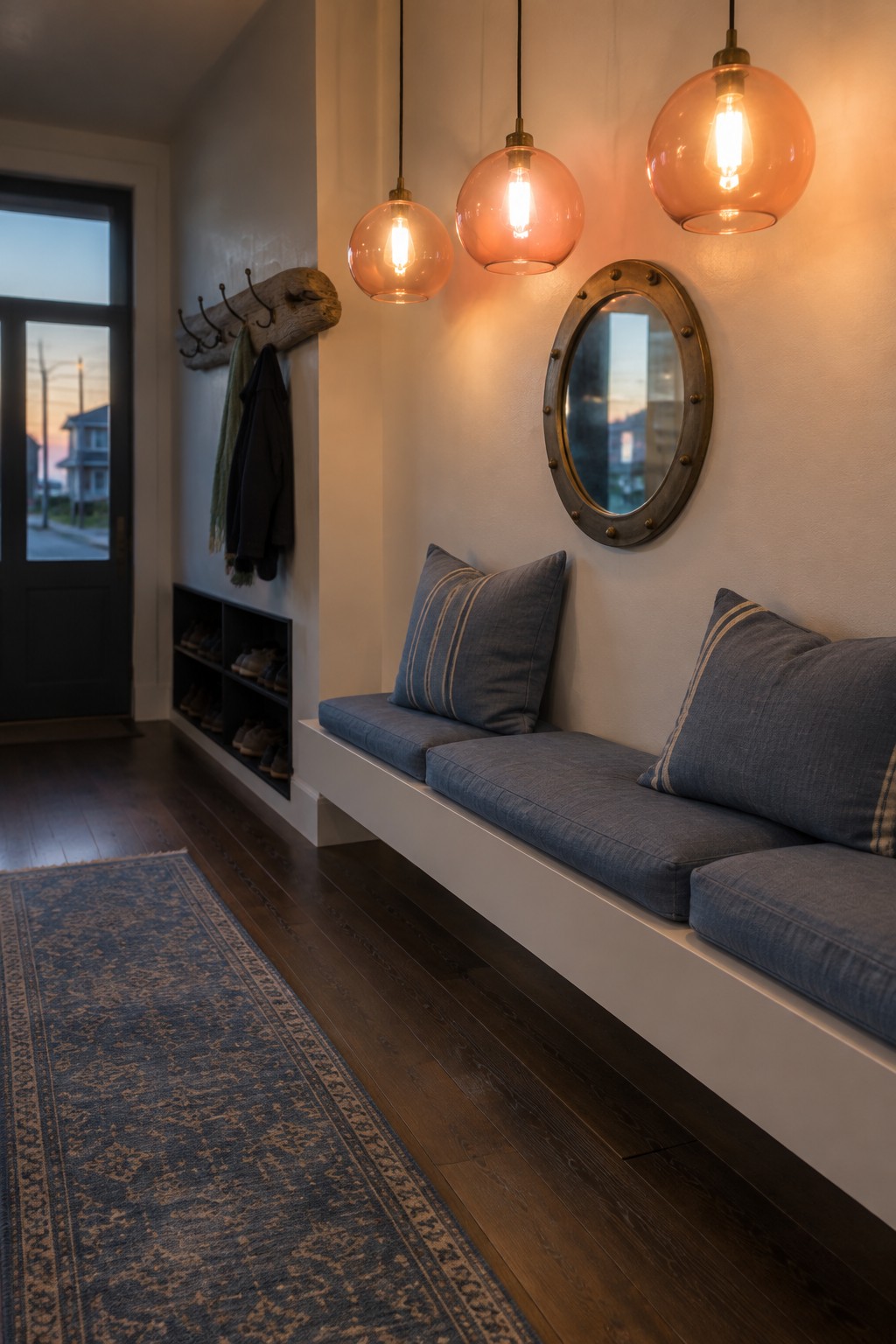 An interior entryway with a white built-in bench holding blue striped cushions, three orange glass globe pendants hanging above it, and a round porthole-style mirror on the wall.