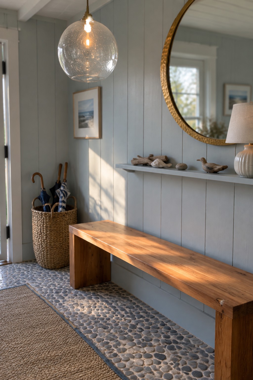 A coastal entryway with light blue vertical paneling, a wooden bench under a large clear glass pendant light, and a pebble-patterned floor runner.