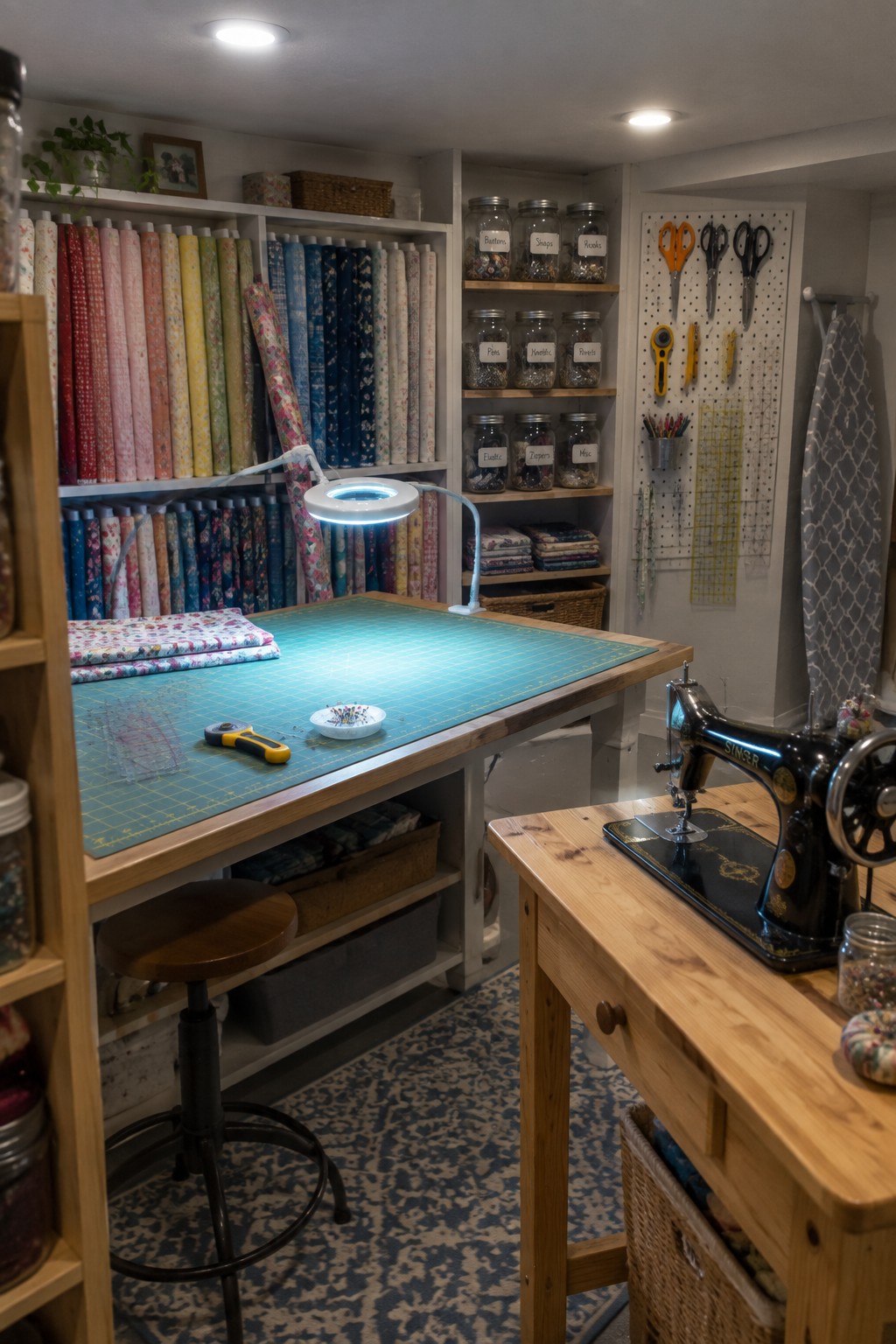 A basement craft room with a large wooden work table lit by an adjustable white LED task lamp over a green cutting mat, fabric shelves on the left, and a vintage black sewing machine on a side table to the right.