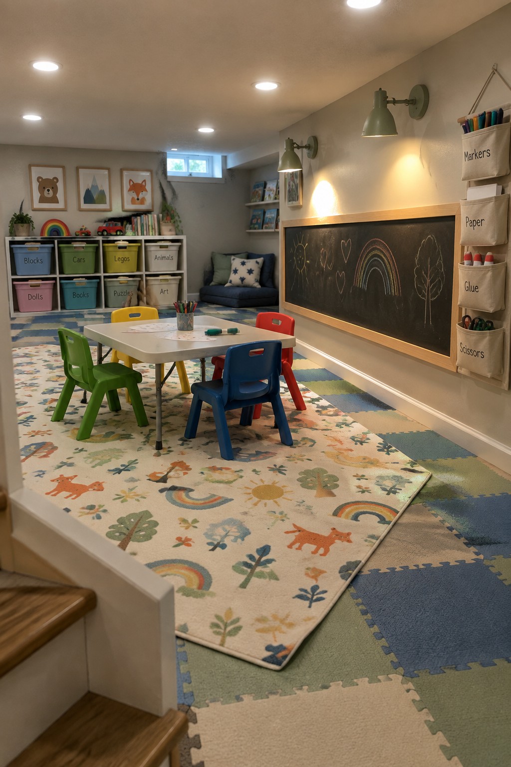 A basement playroom with recessed ceiling lights, two green wall sconces above a chalkboard, a small table with colorful plastic chairs, and storage bins along the back wall.