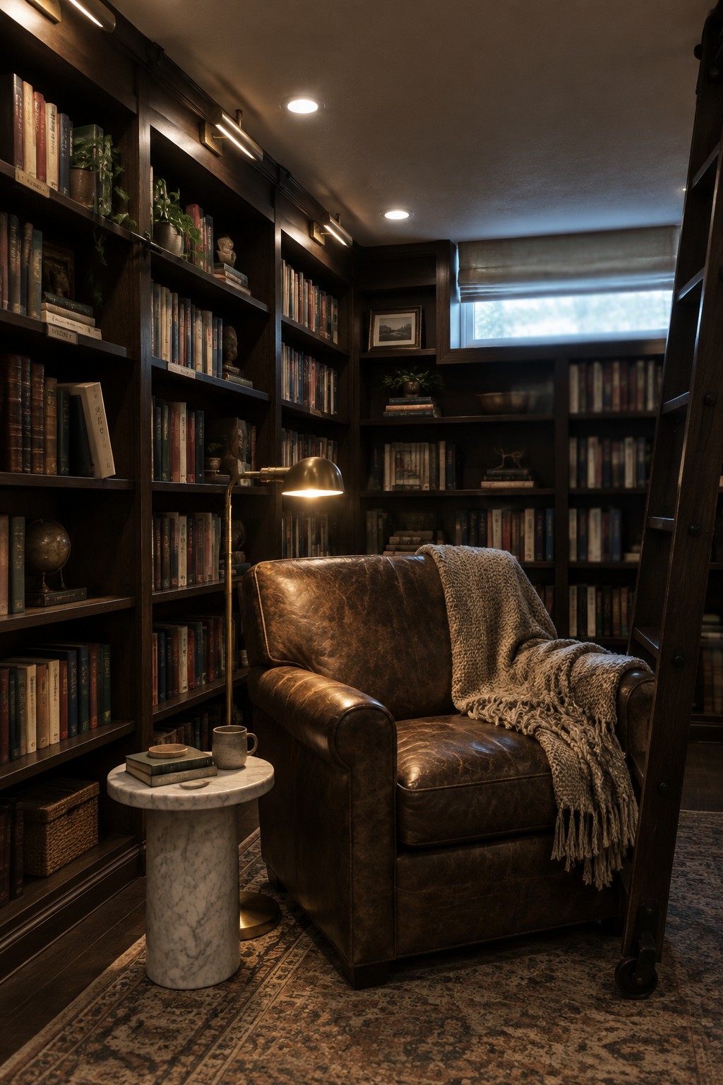 A basement library with dark wood bookshelves, a brown leather armchair, a marble side table holding books and a mug, a brass floor lamp, recessed ceiling lights, and a small window with a shade.