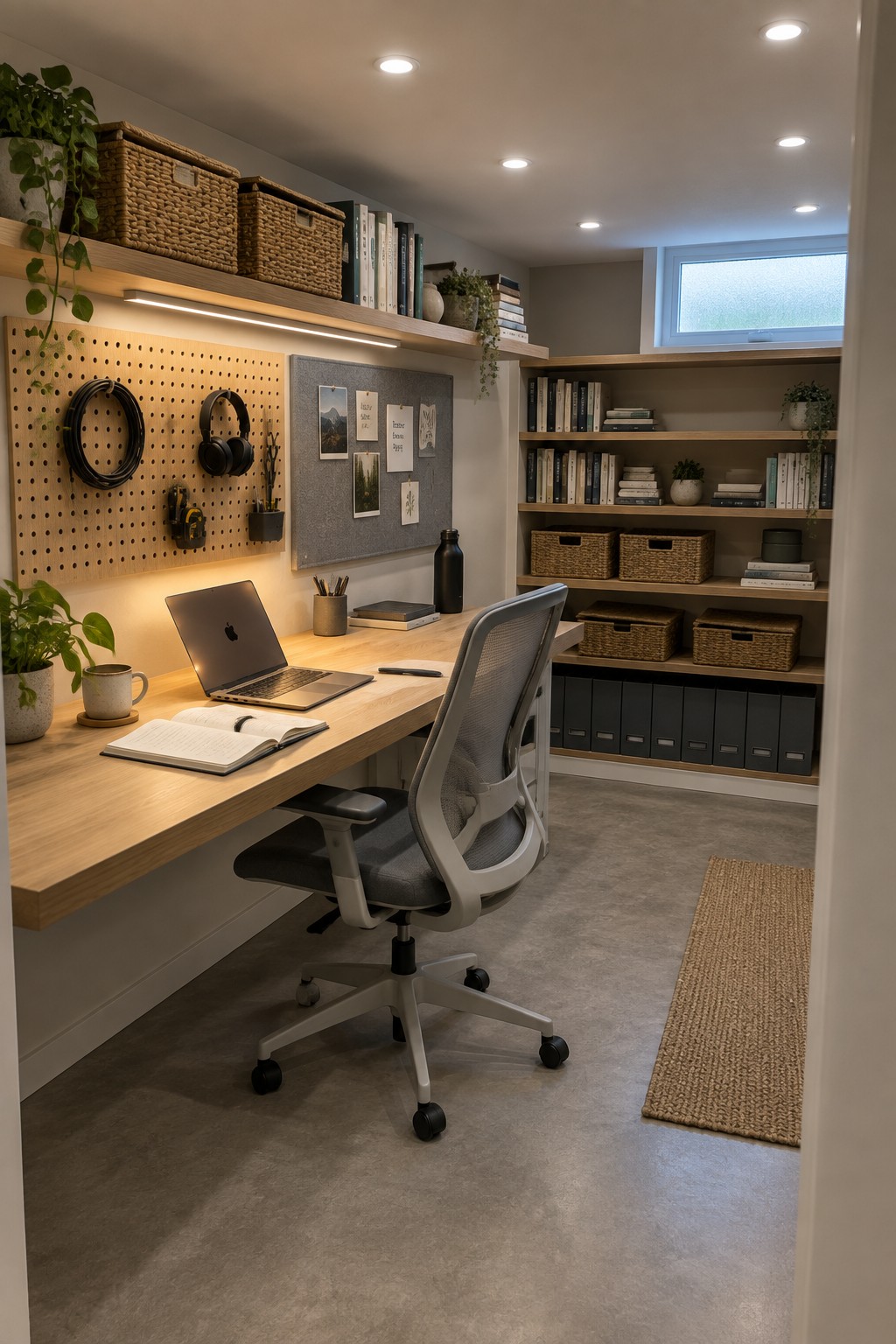 A basement home office with a wooden desk, gray ergonomic chair, pegboard wall, and built-in shelves, lit by recessed ceiling lights and a long under-shelf task light.