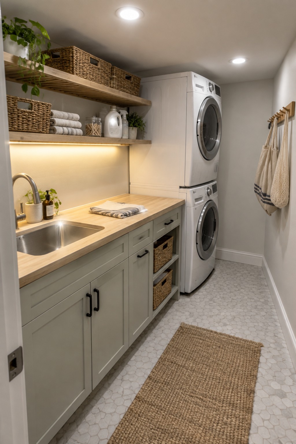 A laundry room with recessed ceiling lights, under-shelf LED strip lighting, sage green cabinets, a wooden countertop and sink, woven baskets on open shelves, and a stacked white washer and dryer.