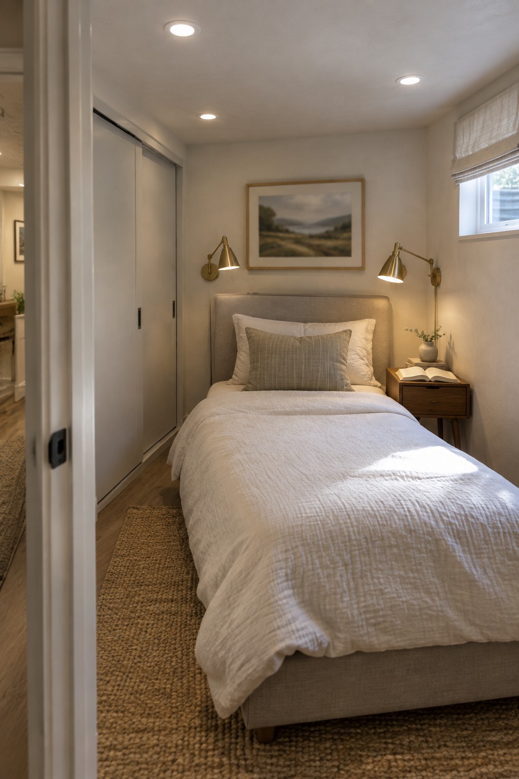 A small bedroom viewed from the doorway shows a bed with white bedding and gray pillows, two brass wall sconces mounted on either side, multiple recessed ceiling lights, and a wooden nightstand holding an open book.