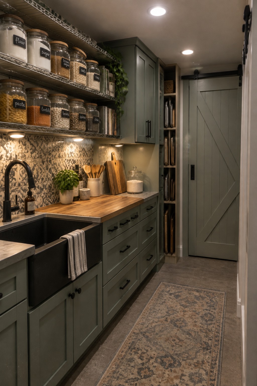 A narrow pantry with sage green cabinets, black farmhouse sink, wooden countertop, open wire shelves holding labeled glass jars, and recessed ceiling lights.
