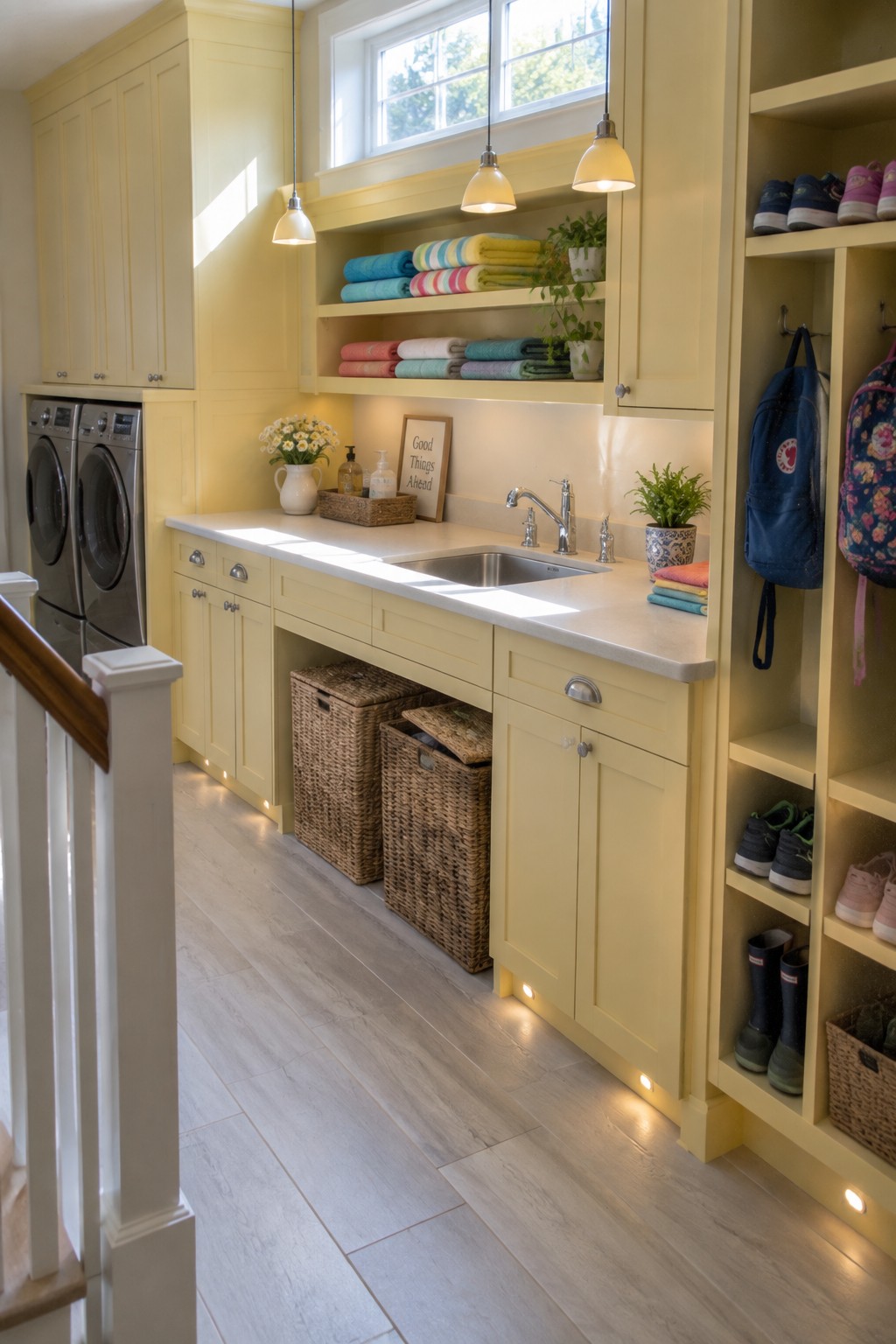 Pale yellow laundry room with sink, washing machines, towel shelves, and shoe cubbies.