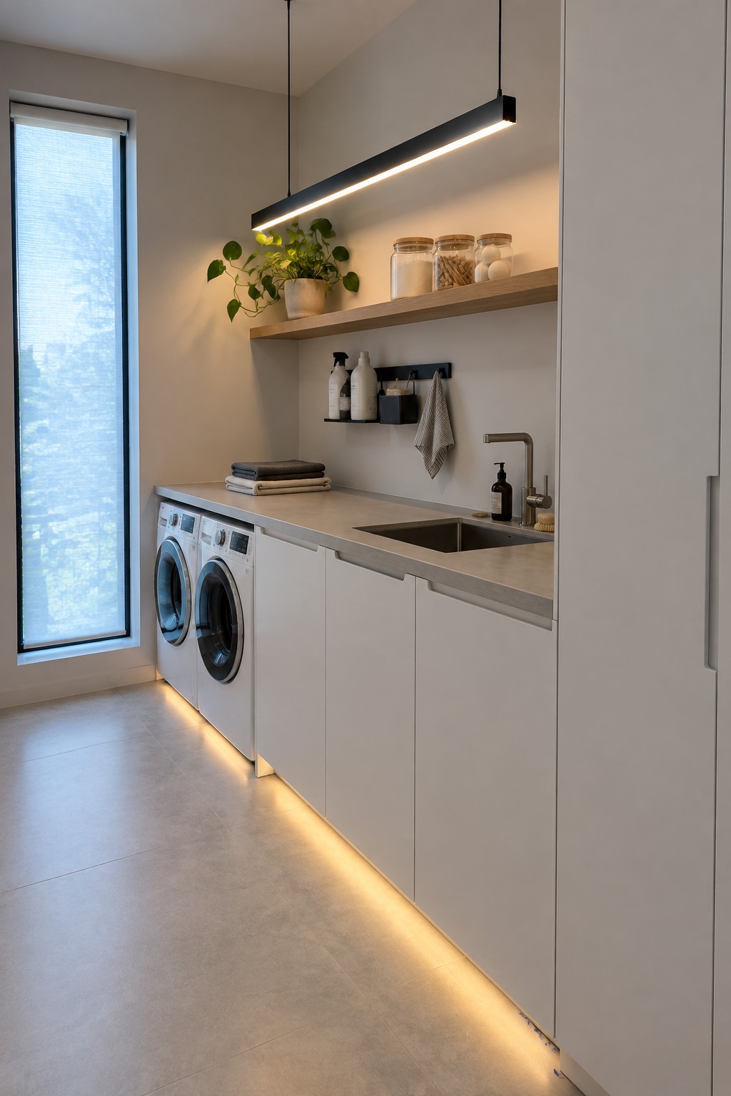 Modern laundry room with white cabinets, two washers, sink, and wooden shelf