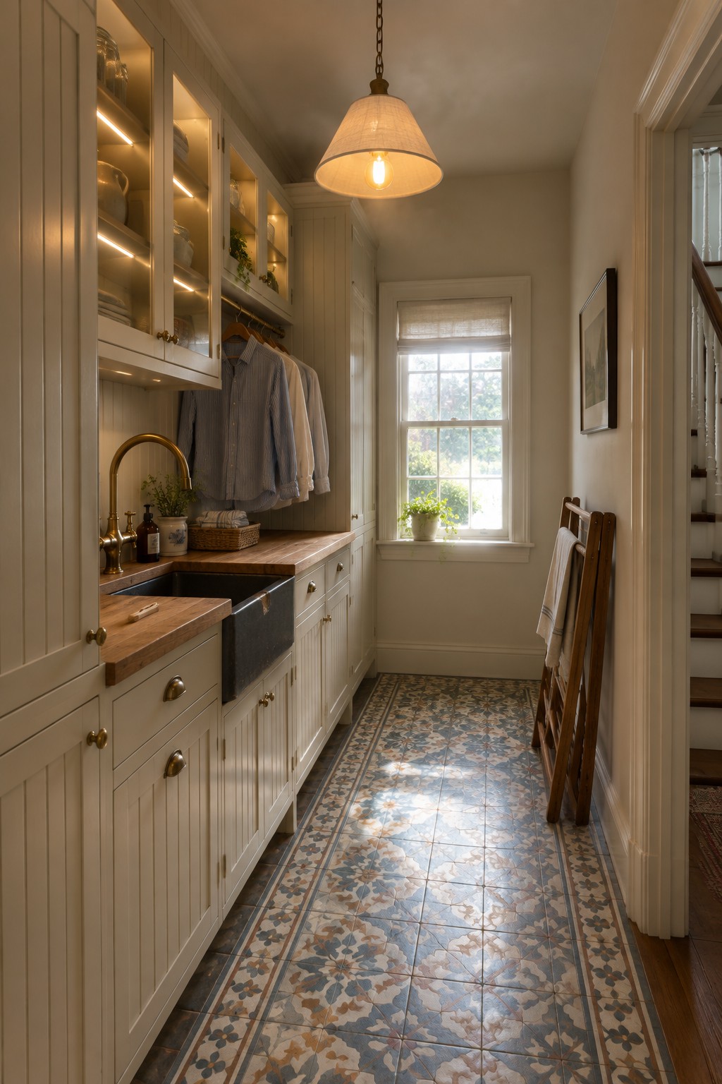 A narrow laundry room featuring full-height off-white cabinets with internal lighting on open shelves, a black farmhouse sink with brass faucet, patterned tile floor, and shirts hanging beneath the cabinets.