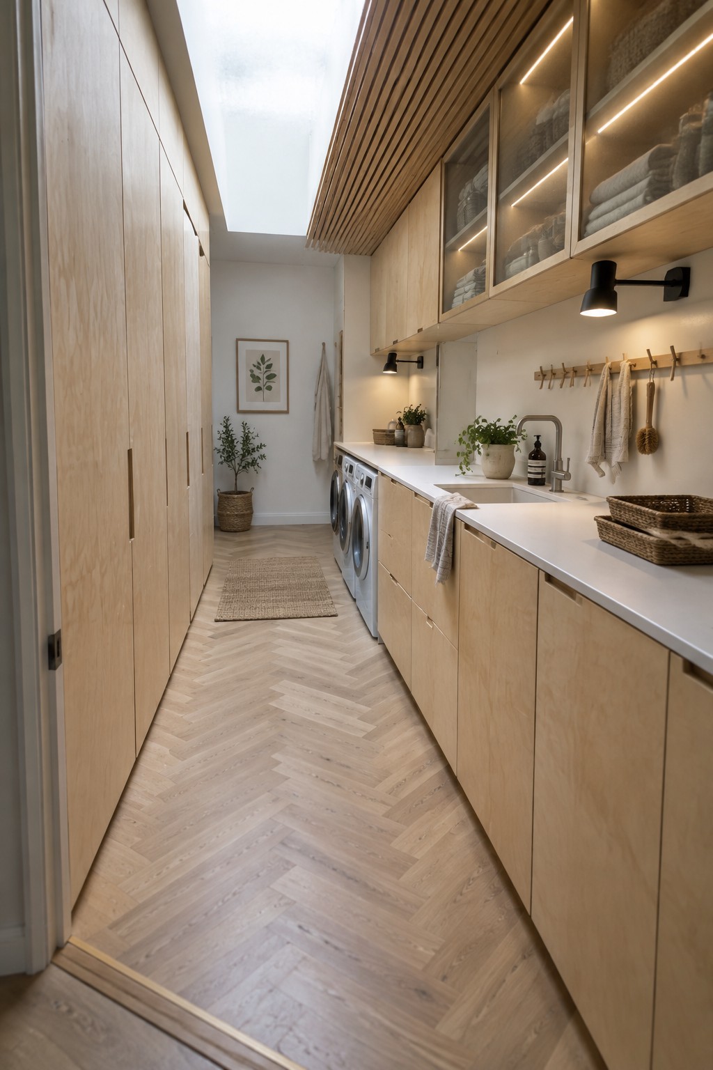 Modern laundry room with light wood cabinets, white counters, sink, and herringbone floor.
