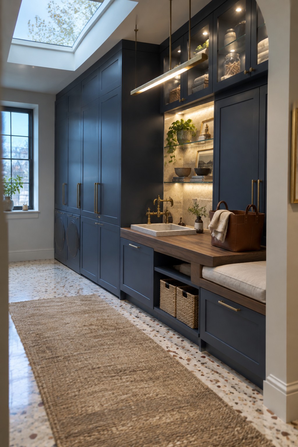 Luxurious navy laundry room with wooden counter, sink, skylight, and terrazzo floor