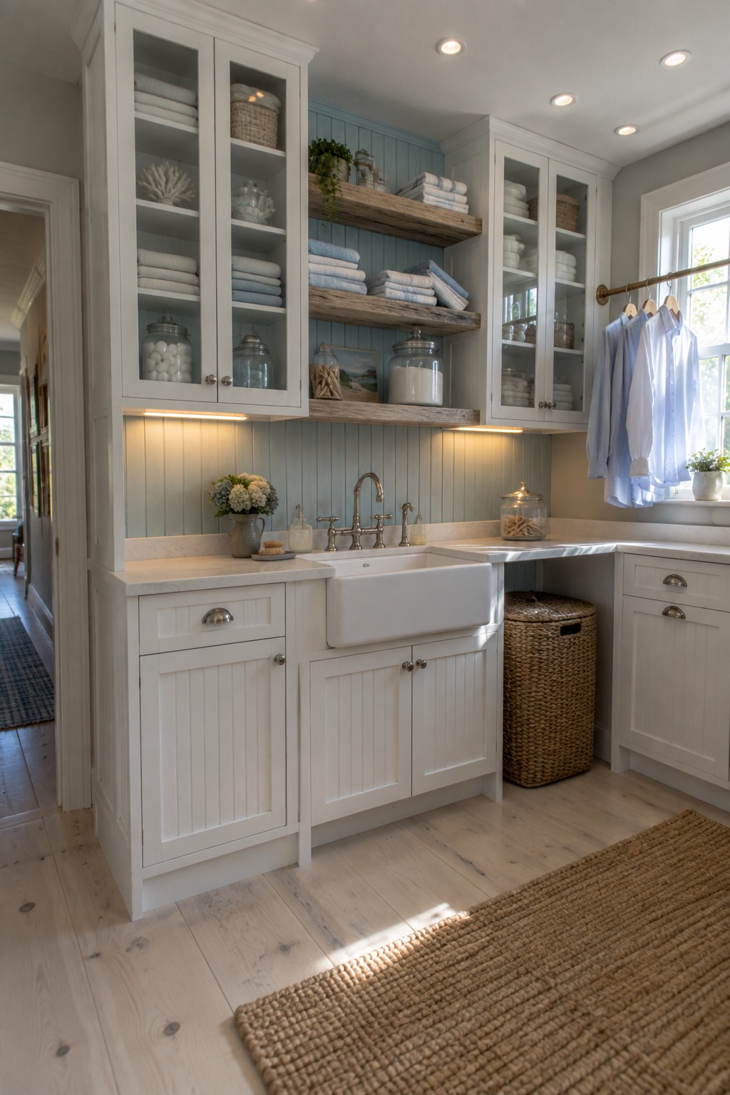 White laundry room with farmhouse sink, open wood shelves, and hanging blue shirts