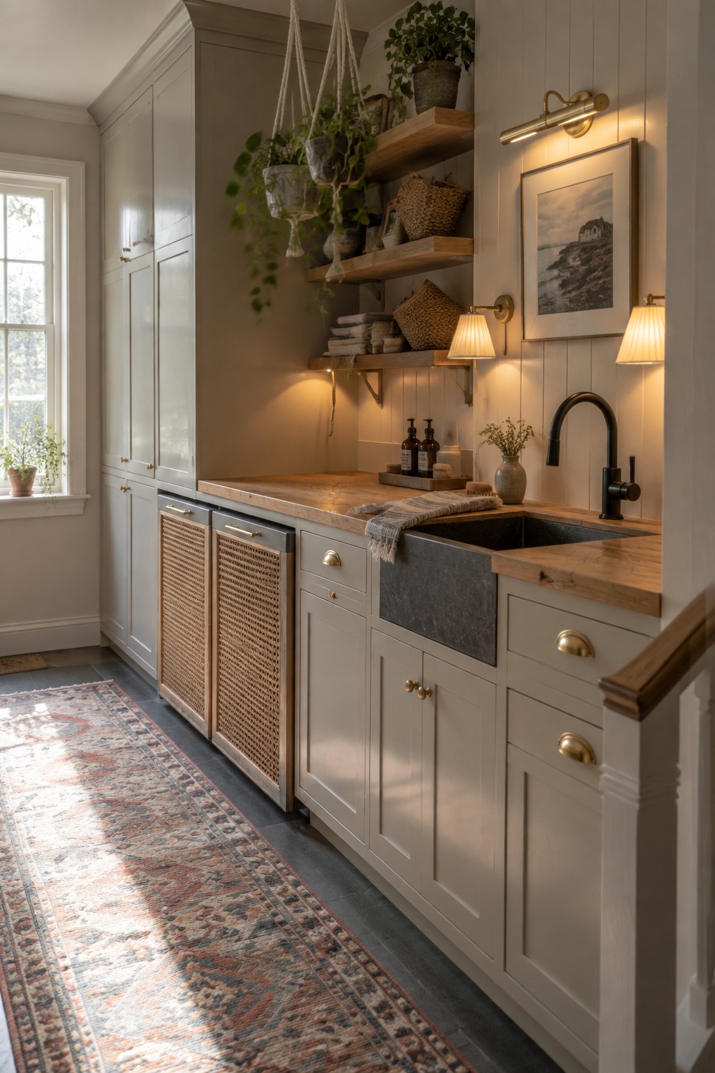 Cozy kitchen with cane cabinets, wooden counters, black sink, hanging plants, and rug.