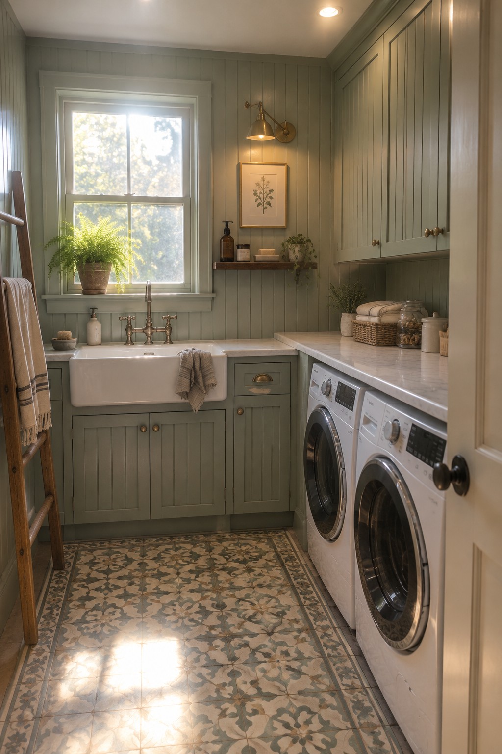 Sage green laundry room with white sink, washers, marble counters, and patterned tiles