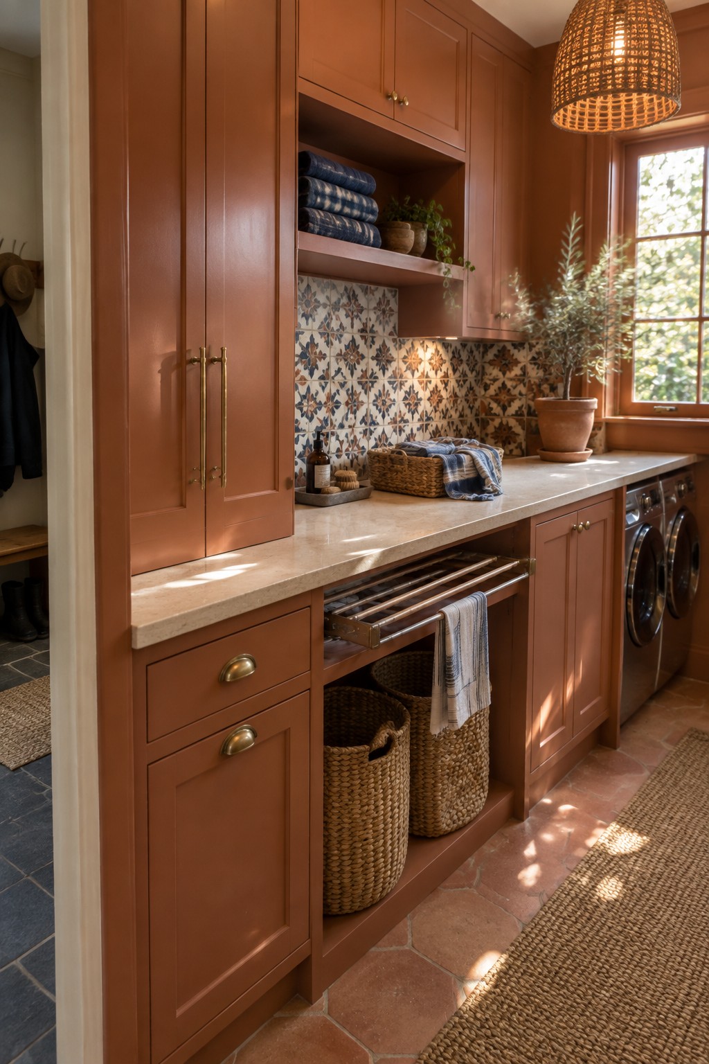 A laundry room featuring terracotta full-height cabinets, a stone countertop, patterned tile backsplash, open shelving, a pull-out drying rack with woven baskets, and a woven pendant light above the counter.