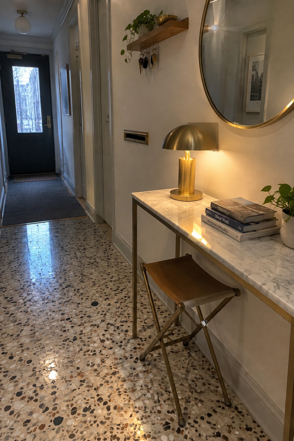 A brass dome lamp sits on a marble-top console table in a home entryway with a folding stool underneath and a round mirror on the wall.