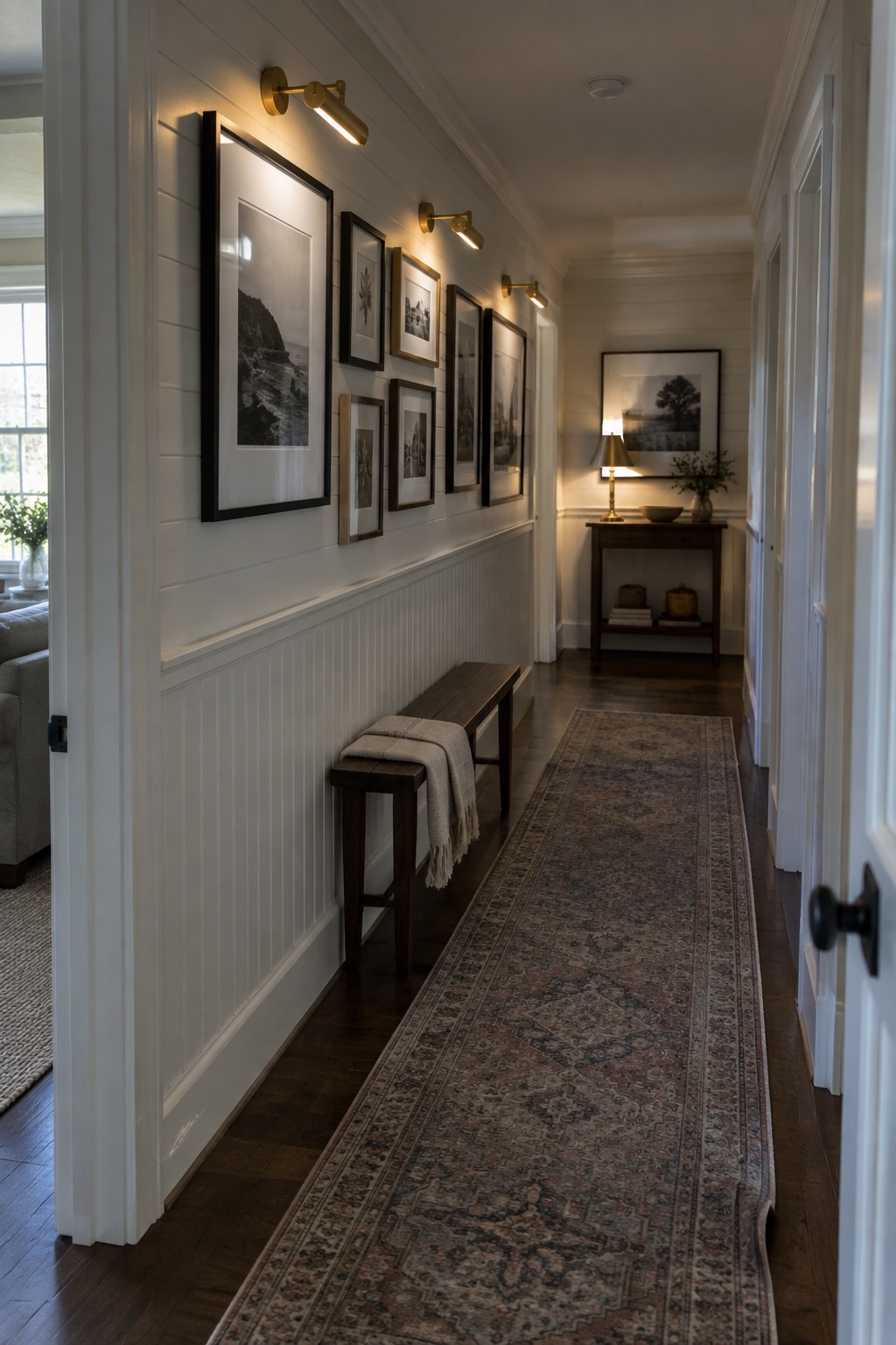 A long interior hallway with white wainscoting, dark wood floors, a patterned runner rug, a wooden bench with a throw blanket, and several brass wall sconces illuminating a gallery wall of framed black and white photographs.