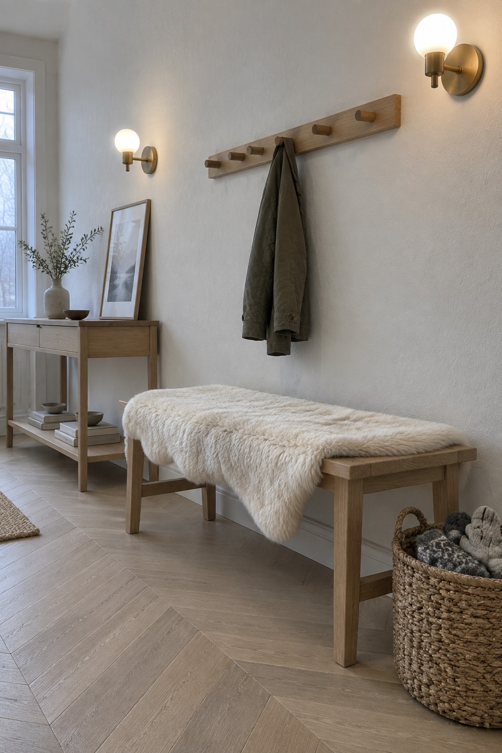A light wood bench with a long sheepskin throw sits below a wooden coat rack, with two brass wall sconces mounted on either side.
