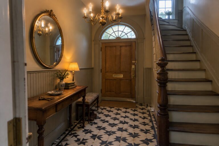 A home foyer with a lit brass chandelier centered above a wooden front door, an arched transom window above it, a staircase on the right, and a wooden console table with mirror on the left.