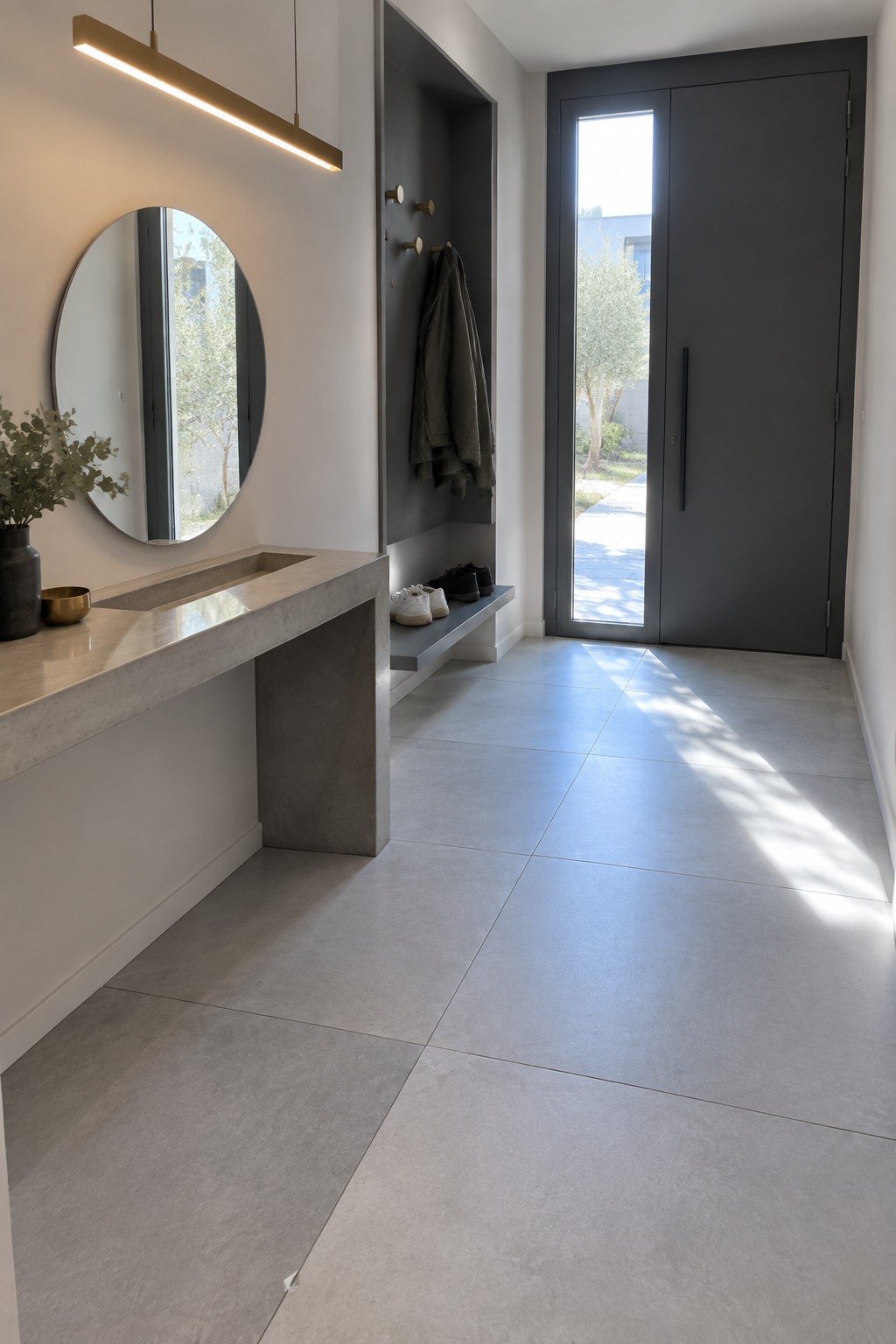 Modern entryway with round mirror, concrete console, jacket nook, shoes, and gray doors.