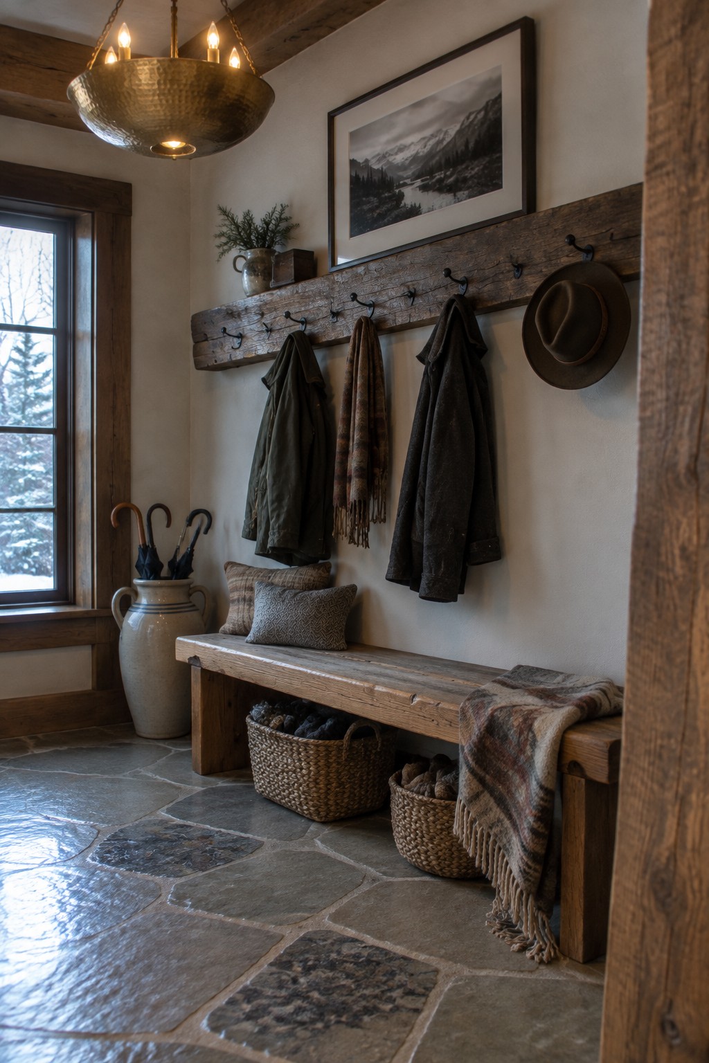 A rustic foyer with a large hammered brass chandelier hanging above a wooden bench, stone tile floor, coat hooks on the wall, and woven baskets underneath the bench.