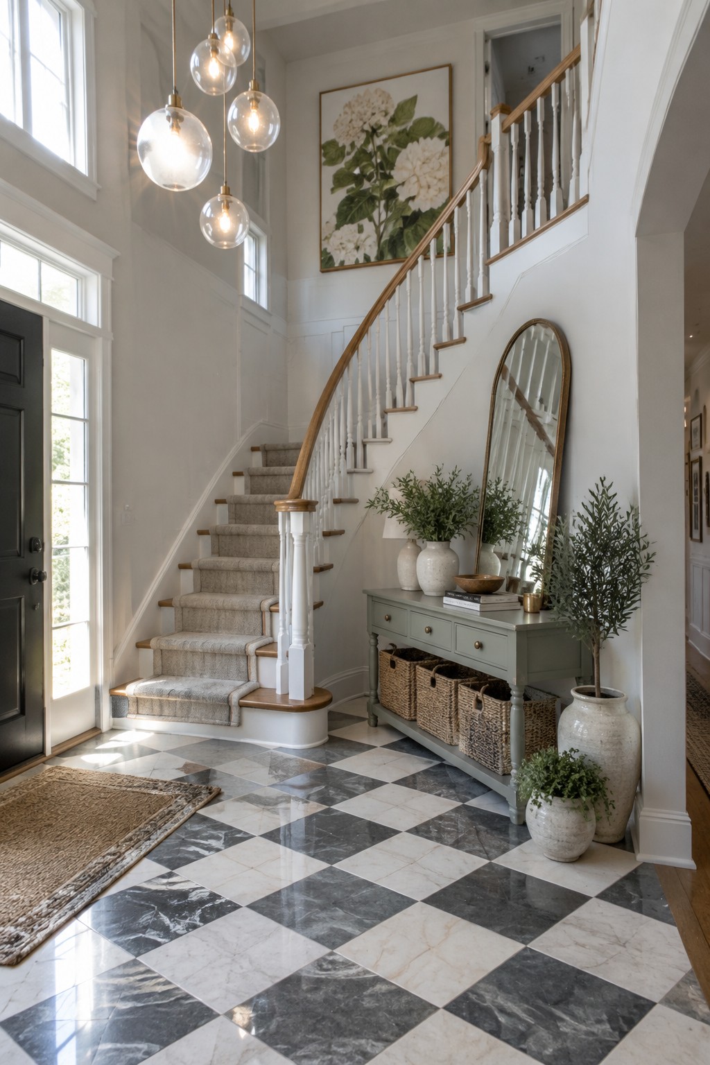 A two-story foyer interior showing a curved staircase, black and white checkered marble floor, and a cluster of glass globe pendant lights hanging at different heights from the ceiling.