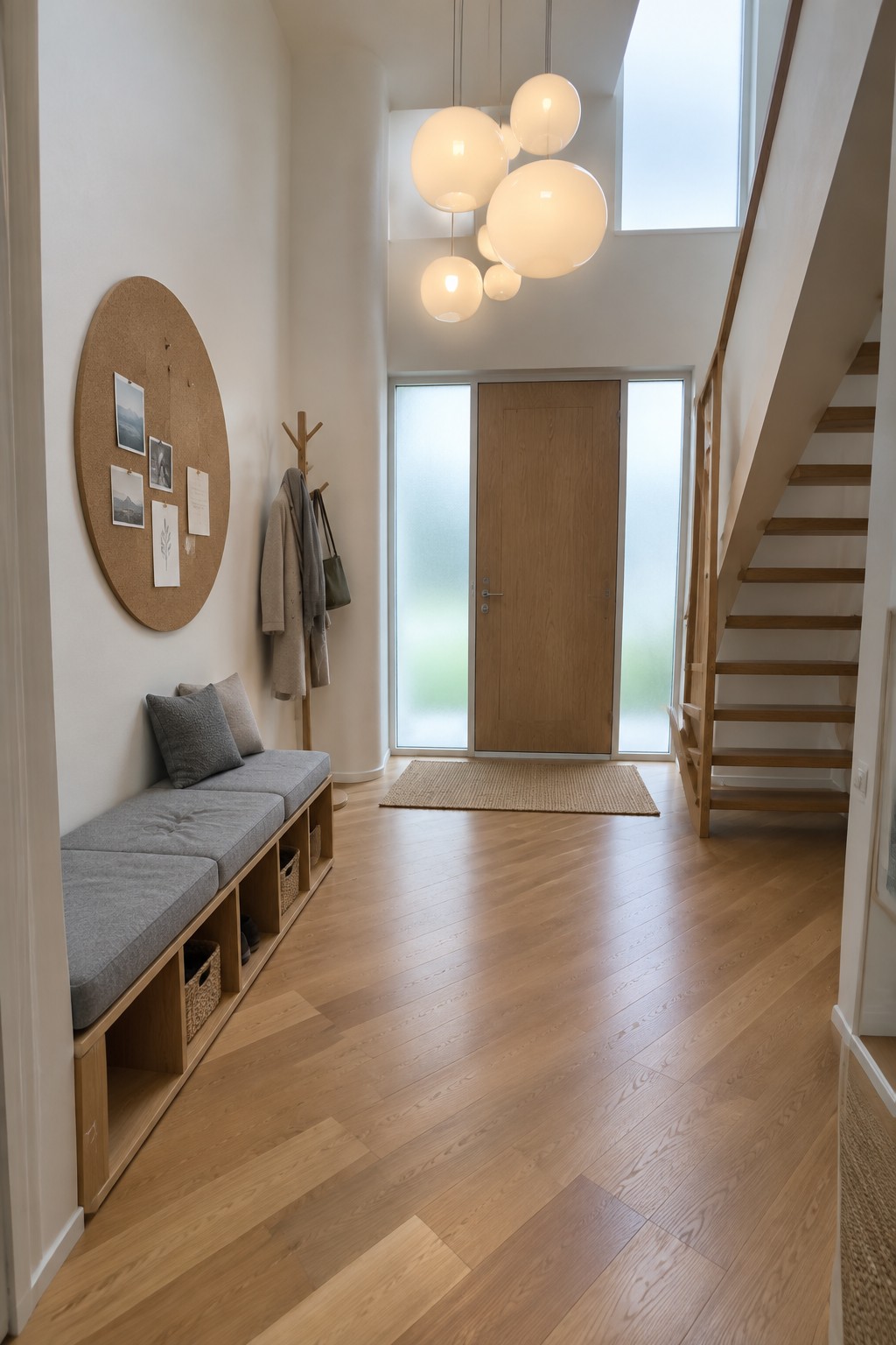 A bright two-story foyer with light wood flooring, a wooden staircase on the right, a front door with sidelights, and a cluster of white spherical pendant lights hanging from the high ceiling.