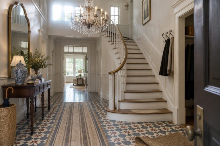 A large crystal chandelier hangs above a patterned tile floor in a two-story entryway with a curved staircase.
