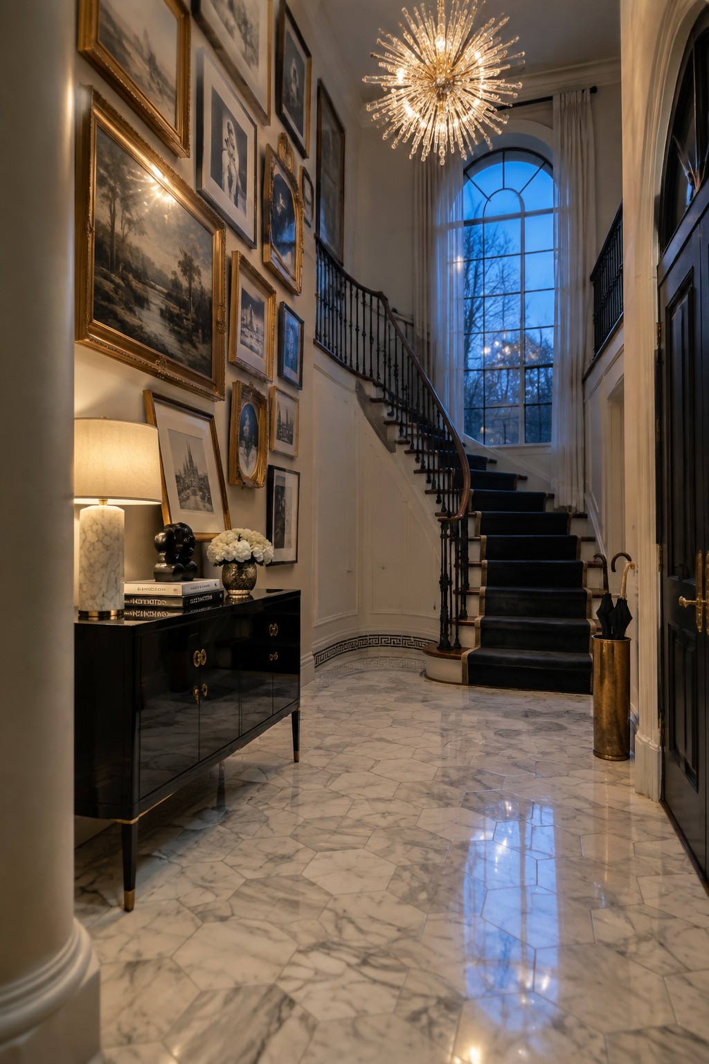 A two-story foyer interior with a large starburst chandelier, curved staircase with dark railing, gallery wall of framed pictures, black console table, and marble floor.