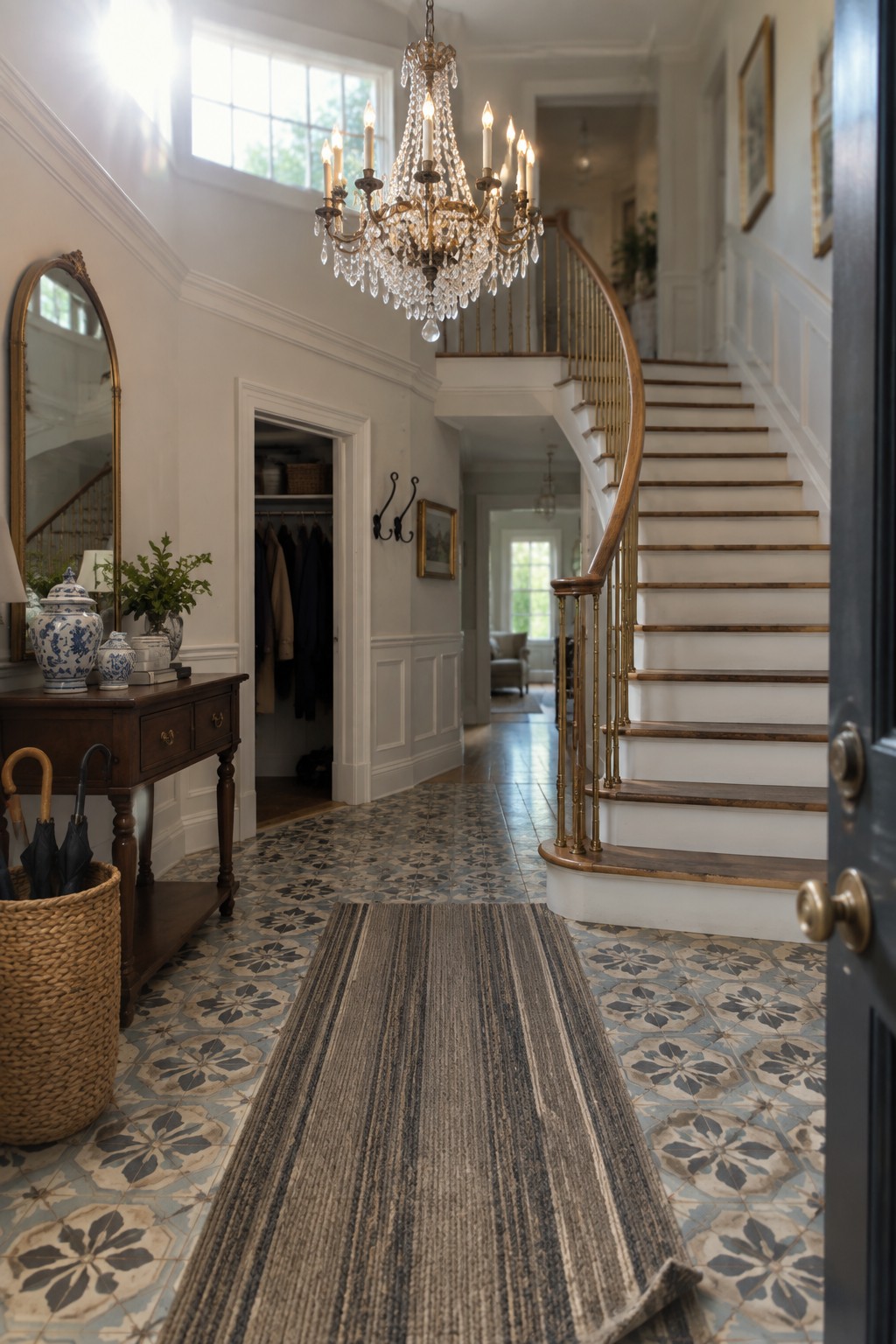A large crystal chandelier hangs above a patterned tile floor in a two-story entryway with a curved staircase.