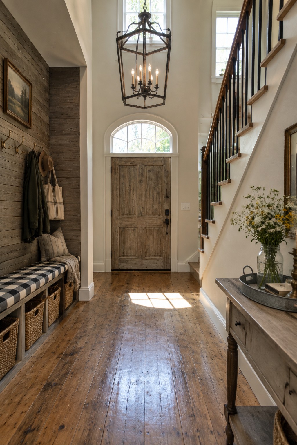 A two-story foyer with a large dark metal lantern chandelier hanging from the ceiling above a wooden front door, a staircase on the right, and a bench with baskets on the left.