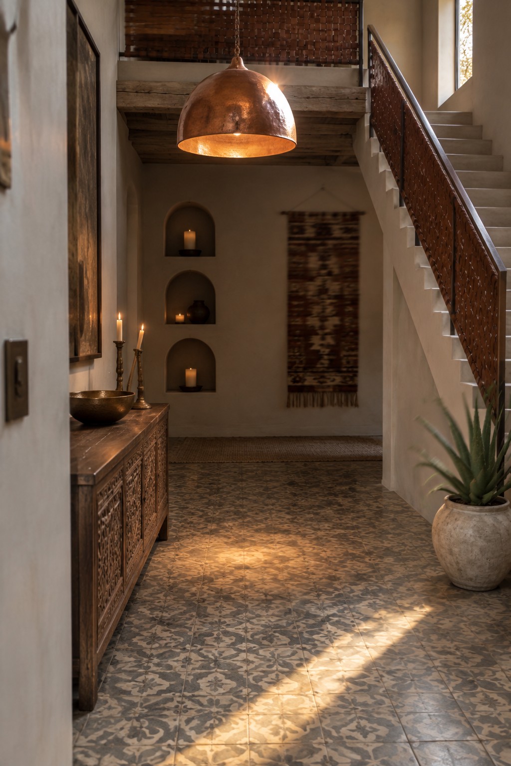 A two-story foyer interior featuring a large copper dome pendant light, patterned tile floor, wooden console table with candles, arched wall niches, and a staircase with carved railing.