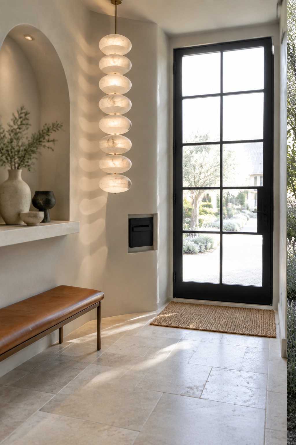 A modern home foyer with a tall sculptural pendant light made of stacked white circular elements, a brown leather bench, and a black-framed glass door.