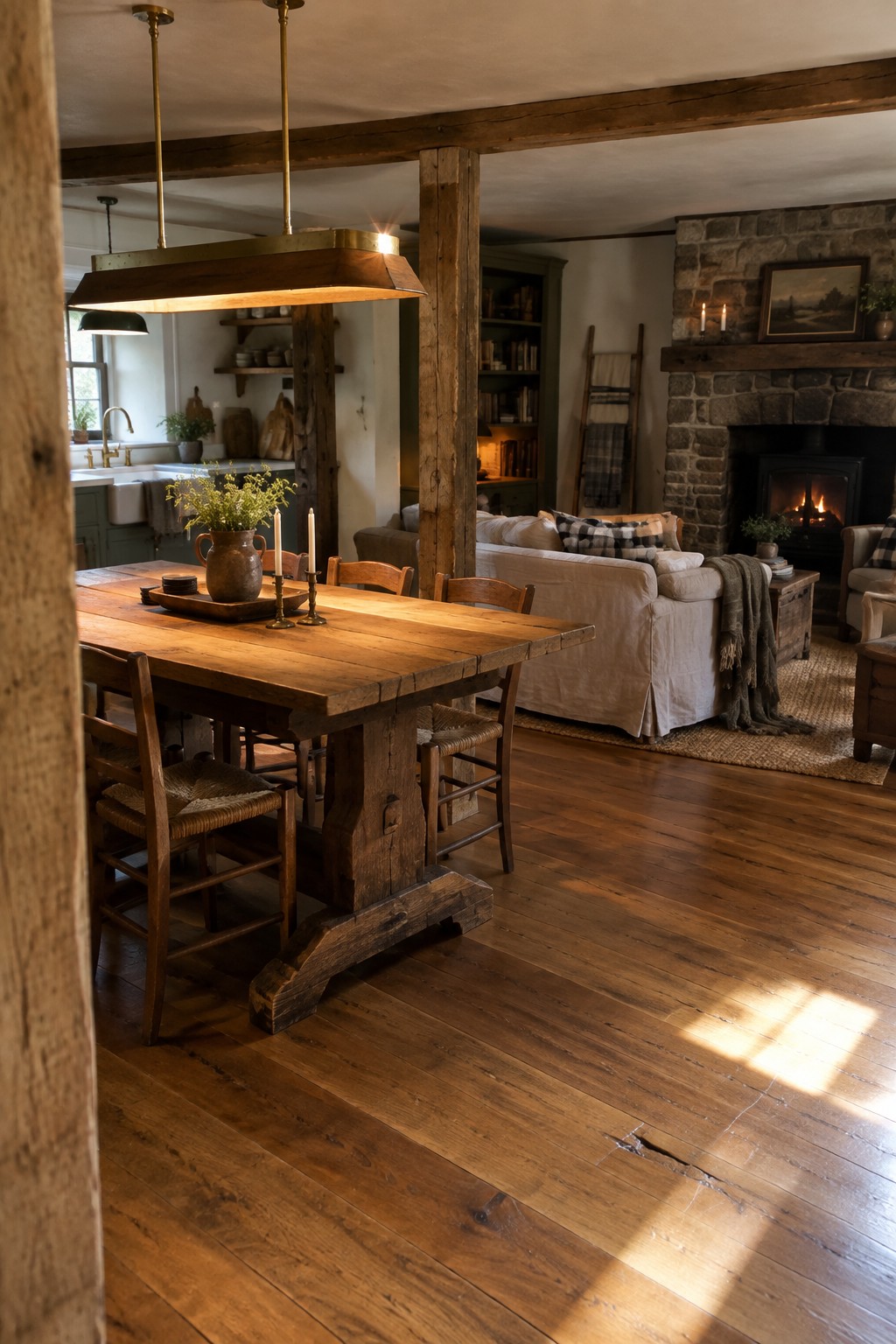 A rustic open-concept interior shows a long wooden dining table beneath a large rectangular pendant light, with a living area and stone fireplace visible in the background.